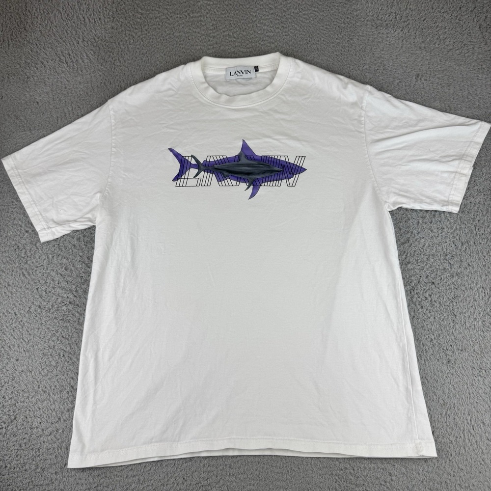 Lanvin White Short Sleeve Tee with Purple Shark Graphic